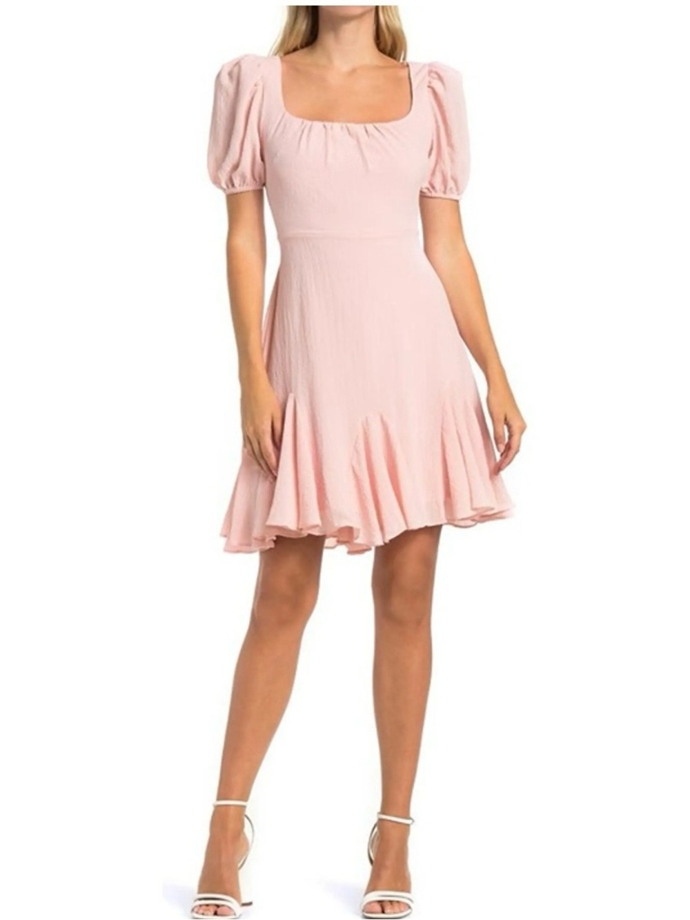 Square Neck Puff Sleeve Mini Dress in Light Pink